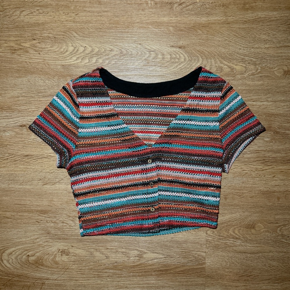 SHEIN Multicolor Striped V-Neck Button-Up Blouse